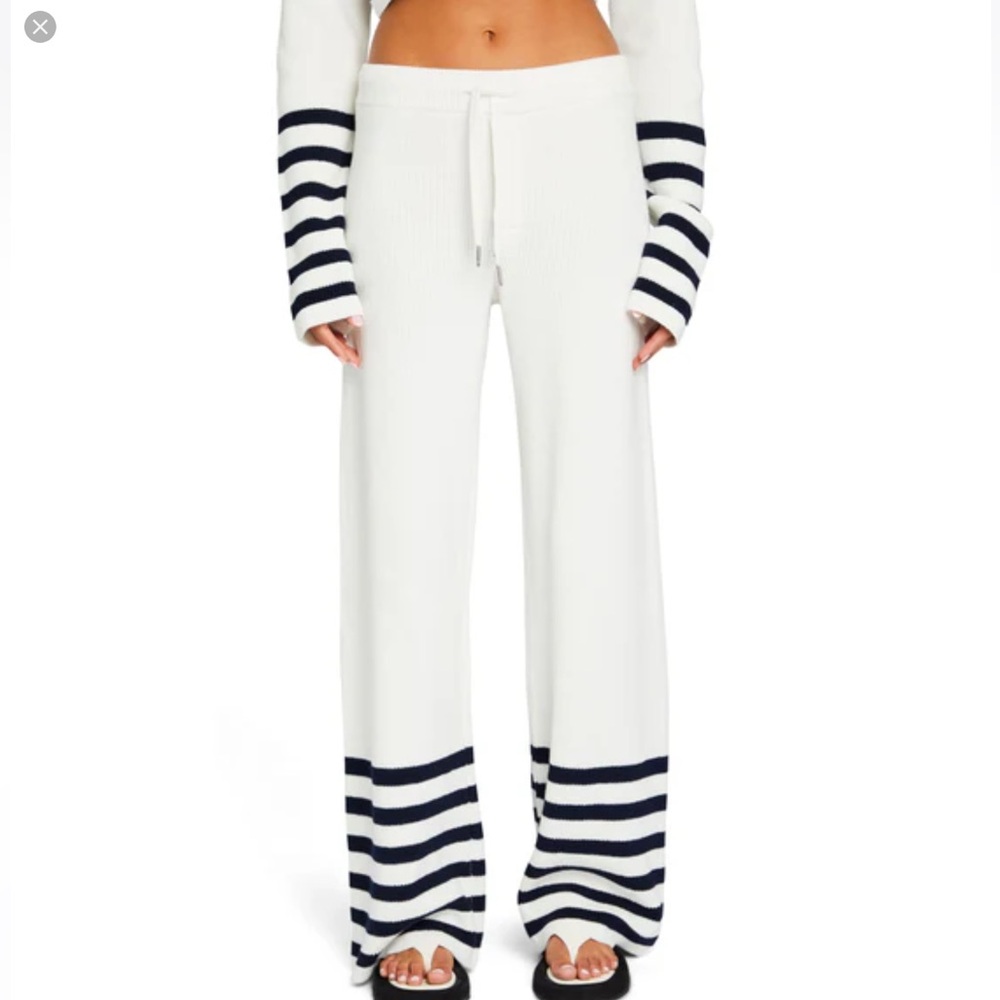 Seroya Poe Striped Knit Pants Size M Preppy Women White Navy Cotton Blend Pullon